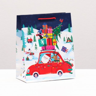 Пакет подарочный ПК-469 "Дед Мороз везёт подарки", 18 х 22,3 х 10 см